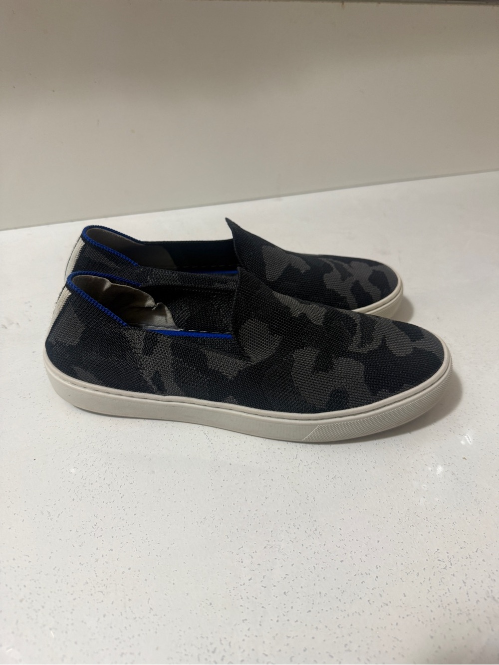 Knit slip-on sneakers, Rothy's The Sneaker, Black and Gray Camo